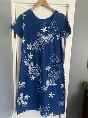 M. MAC Vermont Country Store Tropical Hibiscus Midi Dress Royal Blue S